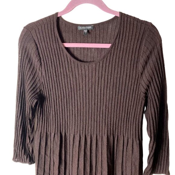 Eileen Fisher Wool Dress Sz S Brown Pleated Ribbed Lightweight Sweater Knit - Picture 2 of 13